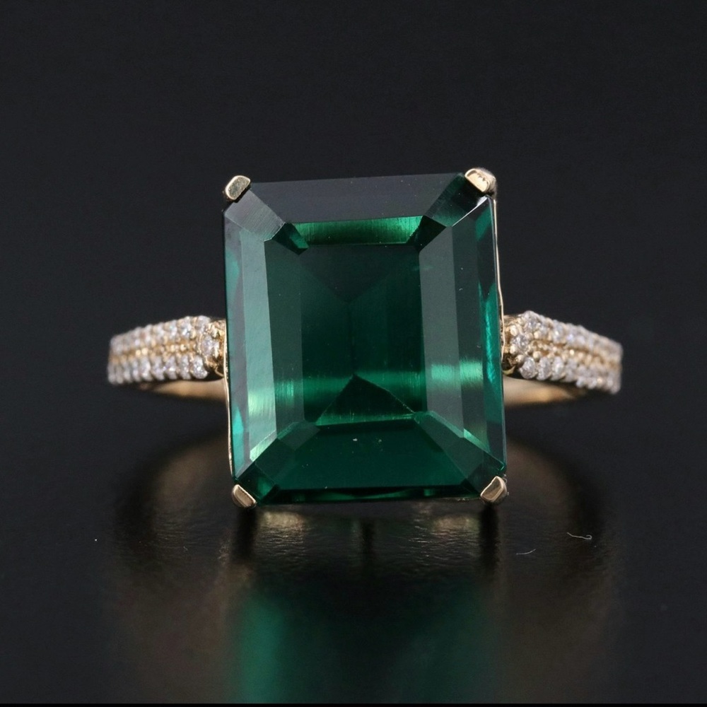 14k Yellow Gold & Lab Grown Emerald Ring with Pavé Moissanite Band